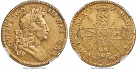 William III gold 5 Guineas 1699 XF Details (Scratches) NGC, KM505.1, S-3454, Schneider-478. UN DECIMO edge. A most pleasing first-year issue of this l...