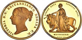 Victoria gold Proof "Una and the Lion" 5 Pounds 1839 PR66 S Ultra Cameo NGC, KM742, S-3851, W&R-279 (R2), Marsh-F26 (R2). DIRIGE legend, medal alignme...