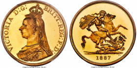Victoria gold Proof 5 Pounds 1887 PR64 Deep Cameo PCGS, KM769, S-3864, W&R-285, Marsh-F31. Mintage: 797. Reeded edge. By Joachim E. Boehm. Variety wit...