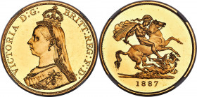 Victoria gold Proof 5 Pounds 1887 PR64 Cameo NGC, KM769 var., S-3864, L&S-73, W&R-286 (R3), Marsh-F32 (R5). Reeded edge. By Joachim E. Boehm. Variety ...