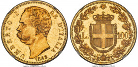 Umberto I gold 100 Lire 1883-R MS62 NGC, Rome mint, KM22, Mont-3, Gig-3. Mintage: 4,219. A fleeting issue almost deserving of the coveted Prooflike de...