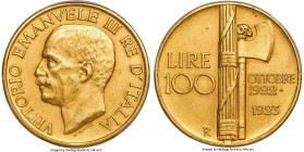 Vittorio Emanuele III gold 100 Lire 1923-R MS64 Matte PCGS, Rome mint, KM65. Struck to commemorate the first anniversary of the newly formed Fascist g...
