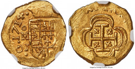 Philip V gold Cob Escudo 1714 Mo-J MS65 NGC, Mexico City mint, KM51.2, Fr-7c, Cal-1739. 3.33gm. Radiant, tangerine-tinged golden surfaces abounding, t...