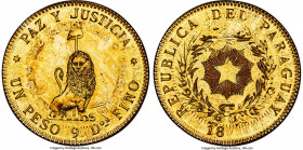 Republic gold Restrike Pattern Peso 18___ UNC, cf. KM-PnE37, cf. Pratt-M54. An unofficial restrike from Pattern dies of the Bueno Aires mint, struck i...