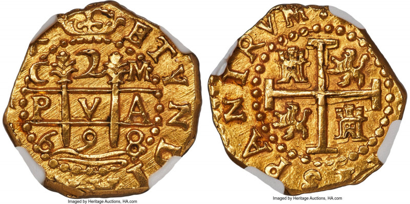 Charles II gold Cob 2 Escudos 1698 C-M MS64 NGC, Cuzco mint, KM28, Cal-855, Oro ...