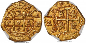 Charles II gold Cob 2 Escudos 1698 C-M MS64 NGC, Cuzco mint, KM28, Cal-855, Oro Macuquino-182. 6.67gm. A one-year type boasting an impressive as-struc...