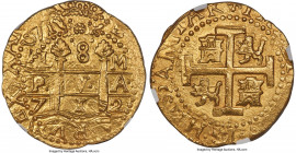 Philip V gold Cob 8 Escudos 1712 L-M MS65 NGC, Lima mint, KM38.2, Cal-2120, Onza-242 (Few examples known), Oro Macuquino-242. 27.02gm. Variety with re...