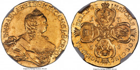 Elizabeth gold 5 Roubles 1756 AU55 NGC, Red mint, KM-C27.1, Bit-47 (R1), Petrov-30 Rub., Uzd-0088, Sev-213, Diakov-374 (R3). Variety with large letter...