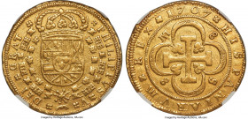 Philip V gold 8 Escudos 1707 S-M AU53 NGC, Seville mint, KM260, Fr-247, Cal-2275. A lesser-seen date in this already scarce series and one rarely enco...