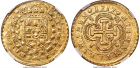 Philip V gold 8 Escudos 1717 S-M MS63 NGC, Seville mint, KM260, Cal-2289, Cay-9959, Onza-507 (Very Rare). 8-M S-8 type. An absolute powerhouse of a co...