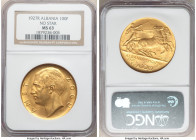 Zog I gold 100 Franga Ari 1927-R MS63 NGC, Rome mint, KM11a.1, Fr-1. No star below bust variety. Beautifully endowed with ample mint luster glistening...