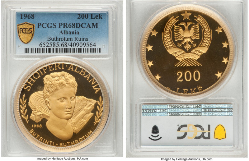 People's Socialist Republic gold Proof "Buthrotum Ruins" 200 Leke 1968 PR68 Deep...