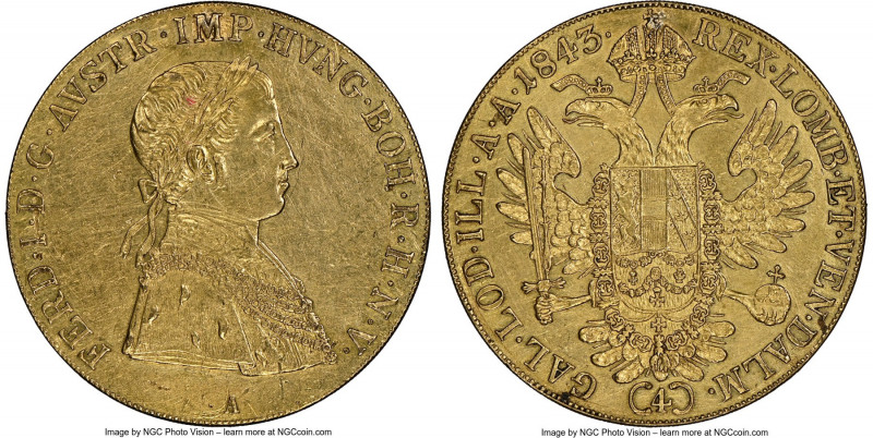 Ferdinand I gold 4 Ducat 1843-A AU Details (Plugged) NGC, Vienna mint, KM2270, F...