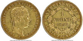 Franz Joseph I gold Krone 1864-A AU50 NGC, Vienna mint, KM2253, Fr-496. Mintage: 1,530. An exceedingly scare issue of Franz Joseph during an era of re...
