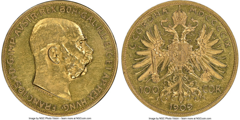 Franz Joseph I gold Prooflike 100 Corona 1909 PL60 NGC, Vienna mint, KM2819, Fr-...
