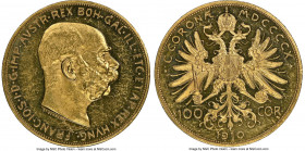 Franz Joseph I gold Prooflike 100 Corona 1910 Prooflike Details (Obverse Cleaned) NGC, Vienna mint, KM2819, Fr-507. A fleeting issue with a total mint...