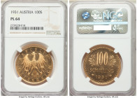 Republic gold Prooflike 100 Schilling 1931 PL64 NGC, Vienna mint, KM2842, Fr-520. Fully mirror-like fields decorate this near-gem, with semi-Cameo app...