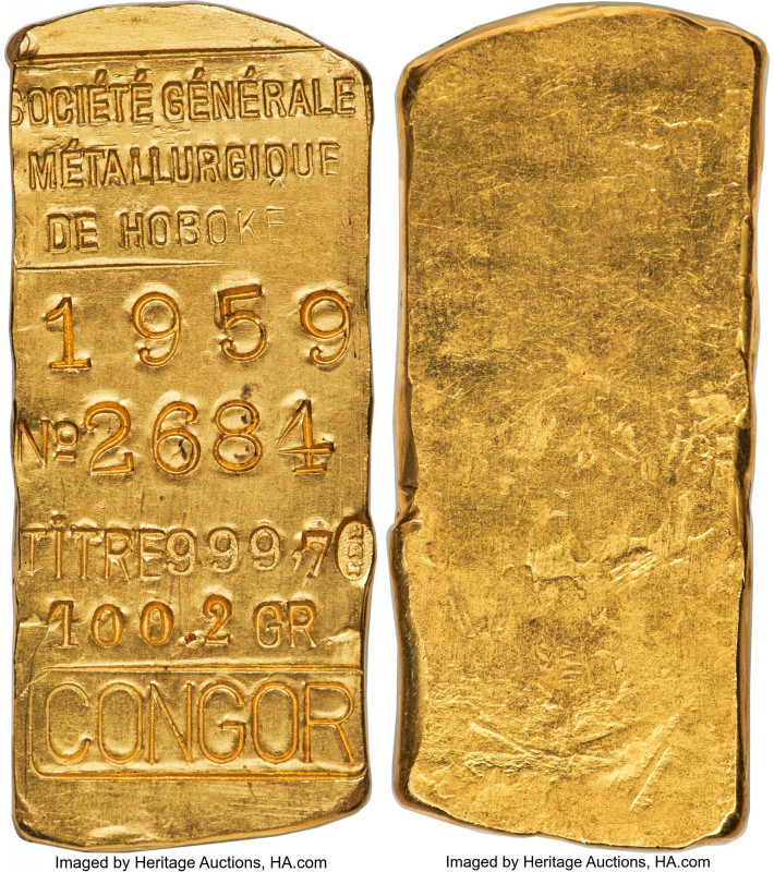 Société Générale Métallurgique de Hoboken gold Bar of 3.2 Ounces 1959 UNC, 27x63...