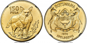 Republic gold "Wild Hyena" 150 Pula 1978 MS68 NGC, KM13, Fr-3. Mintage: 664. This conservation issue depicting a wild hyena features muted gold and se...