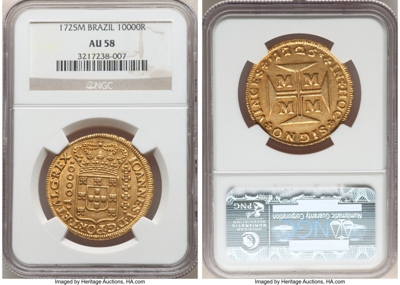 João V gold 10000 Reis 1725-M AU58 NGC, Minas Gerais mint, KM116, Fr-34, LMB-245...