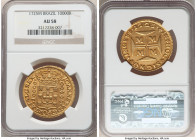 João V gold 10000 Reis 1725-M AU58 NGC, Minas Gerais mint, KM116, Fr-34, LMB-245. At the very cusp of uncirculated preservation, with gleaming luster ...