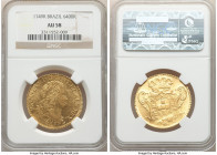João V gold 6400 Reis 1749-R AU58 NGC, Rio de Janeiro mint, KM149, LMB-224. Semi-reflective in the fields, with just a hair of friction to the devices...