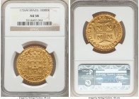 João V gold 10000 Reis 1726-M AU58 NGC, Minas Gerais mint, KM116, LMB-246. Bold features draw the eye for prolonged examination of this lustrous speci...