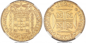 João V gold 10000 Reis 1727-M AU58 NGC, Minas Gerais mint, KM116, LMB-247. Bold design features with nearly full mint luster and just a hint of wear o...
