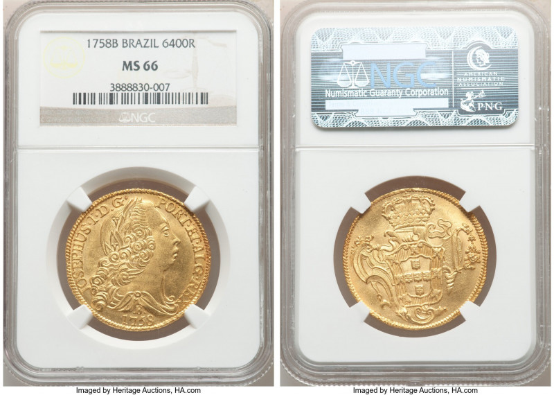Jose I gold 6400 Reis 1758-B MS66 NGC, Bahia mint, KM172.1, LMB-388. Of inspirin...