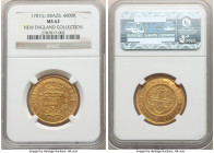 Maria I gold 4000 Reis 1787-(L) MS62 NGC, Lisbon mint, KM225.1, LMB-496. Graced with a pleasing sunset tone over shimmering surfaces. Fiery, rolling l...