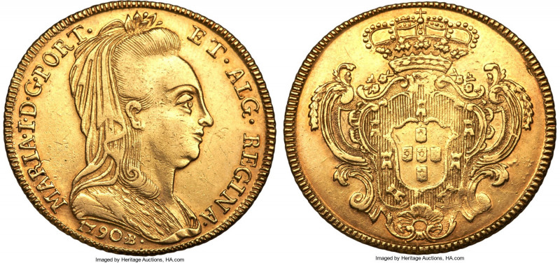 Maria I gold "Plain Headdress" 6400 Reis 1790-B AU55 NGC, Bahia mint, KM218.2, L...