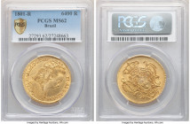 Maria I gold 6400 Reis 1801-R MS62 PCGS, Rio de Janeiro mint, KM226.1, LMB-539, Bentes-283.15. Near-choice and emboldened by flashy, canary-gold surfa...