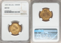 Pedro II gold 10000 Reis 1859 AU53 NGC, Rio de Janeiro, KM467, LMB-649, Bentes-587.08. Boasting the smallest mintage for this long-running series unti...
