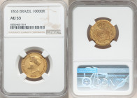 Pedro II gold 10000 Reis 1863 AU53 NGC, Rio de Janeiro mint, KM467, LMB-651, Bentes-587.10. Of similar rarity to the 1859, the 1863 finds itself as th...