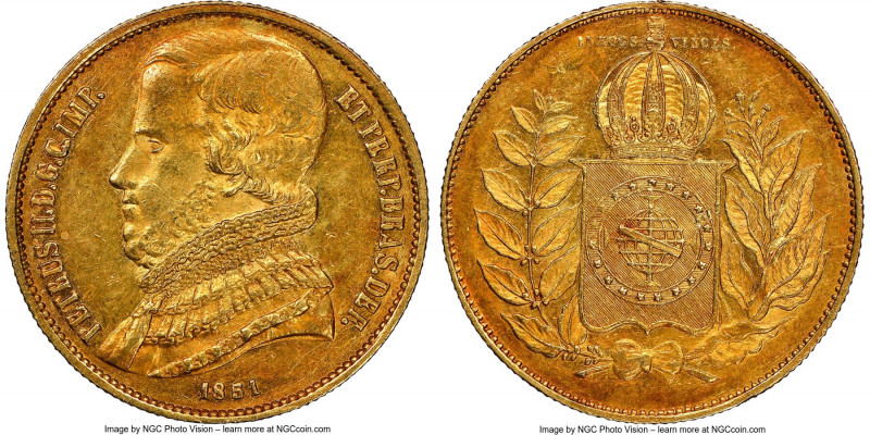 Pedro II gold "Large Bust" 20000 Reis 1851 MS60 NGC, Rio de Janeiro mint, KM463,...