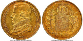 Pedro II gold "Large Bust" 20000 Reis 1851 MS60 NGC, Rio de Janeiro mint, KM463, LMB-631, Bentes-583.03. Large bust type. A lovely offering with the m...
