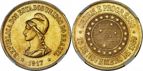 Republic gold 20000 Reis 1917 MS64 NGC, Rio de Janeiro mint, KM497, LMB-734, Bentes-614.25. Mintage: 2,269. The finest example seen by either major gr...