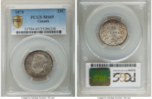 Victoria 25 Cents 1870 MS65 PCGS, London mint, KM5. Extremely scarce in this quality. Though some lightness of strike is evident in Victoria's hair st...