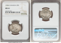 Edward VII 25 Cents 1904 MS61 NGC, London mint, KM11. A challenging date in the Edward VII series, featuring fluid, silky luster underneath a veil of ...