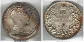 Edward VII 25 Cents 1905 MS65 ICCS, London mint, KM11. Uniquely rainbow toned against a mottled crescent of obverse patina that overlies clear and car...