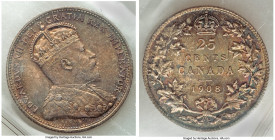 Edward VII 25 Cents 1908 MS65 ICCS, Ottawa mint, KM11. Toned to a sandy hue and featuring soft expressions of reverse multi-hued iridescence over allu...