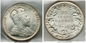 Edward VII 25 Cents 1910 MS65 ICCS, Ottawa mint, KM11a. Frosty white, with clear surfaces that resound with glowing argent brilliance. Careful preserv...