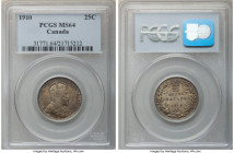 Edward VII 25 Cents 1910 MS64 PCGS, Ottawa mint, KM11a. An appealing offering that exhibits a well-balanced patina comprised of interwoven shades of r...