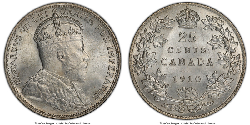 Edward VII 25 Cents 1910 MS64 PCGS, Ottawa mint, KM11a. Blast-white throughout, ...