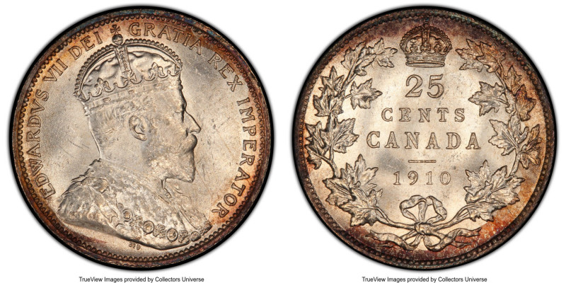 Edward VII 25 Cents 1910 MS64 PCGS, Ottawa mint, KM11a. Alluringly silky, with c...