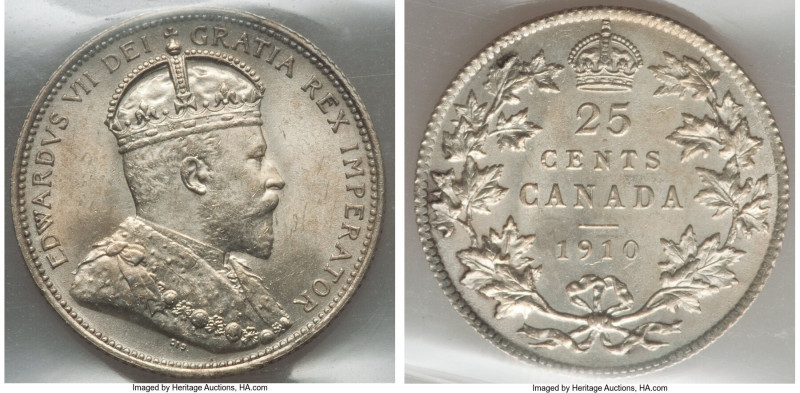 Edward VII 25 Cents 1910 MS64 ICCS, Ottawa mint, KM11a. Produced by a razor-shar...