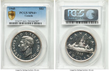 George VI Specimen Dollar 1945 SP64+ PCGS, Royal Canadian mint, KM37. Gently frosted over George's bust, yielding a cameo-like effect in conjunction w...