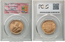 George V gold 10 Dollars 1914 MS65 PCGS, Ottawa mint, KM27. An attractively rendered jewel selection that exhibits free-flowing cartwheel luster over ...