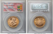 George V gold 10 Dollars 1914 MS65 PCGS, Ottawa mint, KM27. A shimmering gem example of the issue containing blooming, deep golden tone and fluid lust...