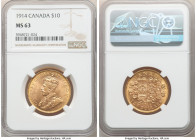 George V gold 10 Dollars 1914 MS63 NGC, Ottawa mint, KM27. An appealing selection exhibiting a vibrant cartwheel effect. AGW 0.4838 oz. 

HID0980124...